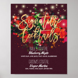 Chic Burgund Floral Wedding Signature Drink Menü Poster