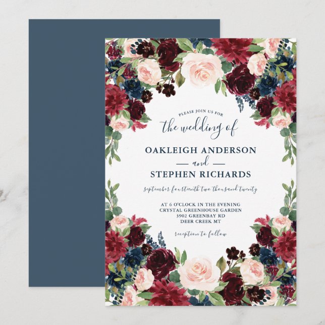 Chic Burgund, Navy und Pink Floral Wedding Einladung (Vorne/Hinten)