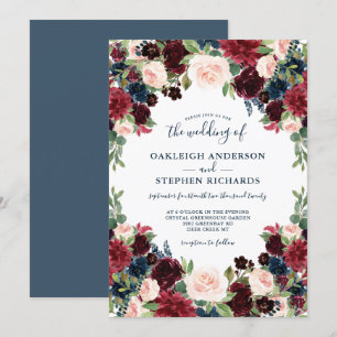 Chic Burgund, Navy und Pink Floral Wedding Einladung