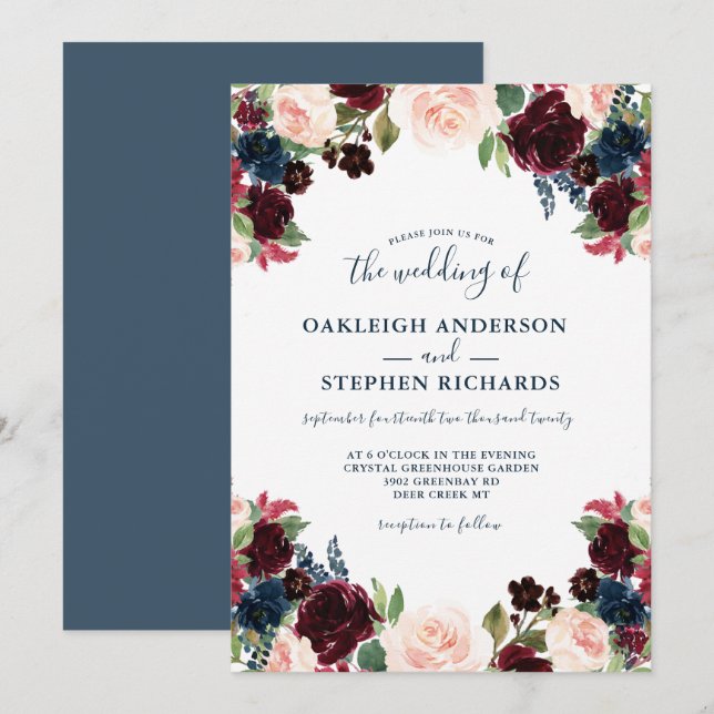 Chic Burgund, Navy und Pink Floral Wedding Einladung (Vorne/Hinten)
