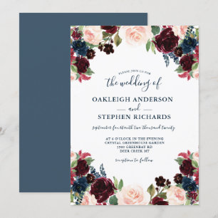 Chic Burgund, Navy und Pink Floral Wedding Einladung