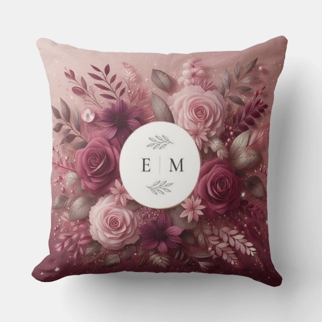 Chic Burgund und Blush Pink Glitzer Mit Monogramm Kissen (Vorderseite)