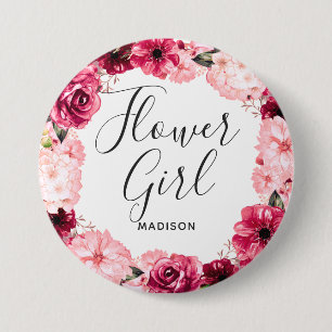 Chic Burgunder & Rosa Floraler Kranz Blumenmädchen Button
