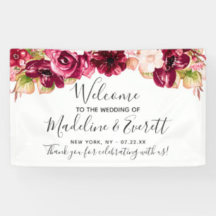 Chic Burgunderrot & Rosafarbenes Florales Hochzeit Banner