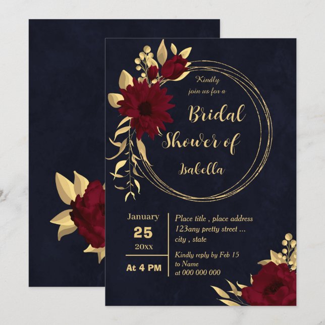 Chic burgundy and gold Marine Brautparty Einladung (Vorne/Hinten)