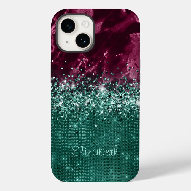Chic Burgundy Aquamarin Mint Glitzer Marmormongram Case-Mate iPhone 14 Hülle (Rückseite)