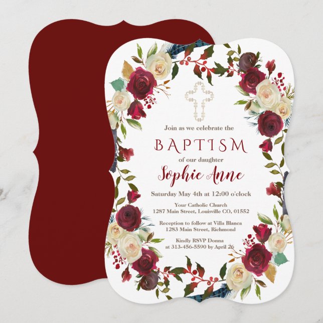 Chic Burgundy Bloral Bloom Navy Blue Taufe Einladung (Vorne/Hinten)