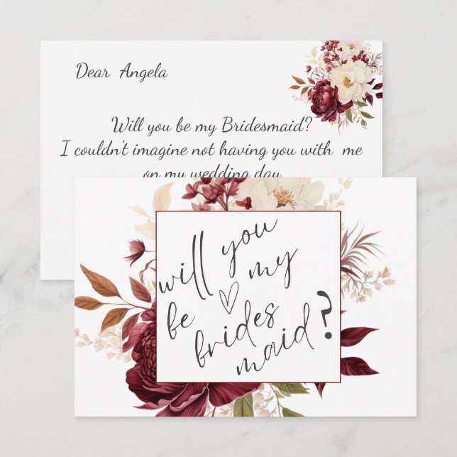 Chic Burgundy Blume Bridesmaid Card Einladung (Vorne/Hinten)