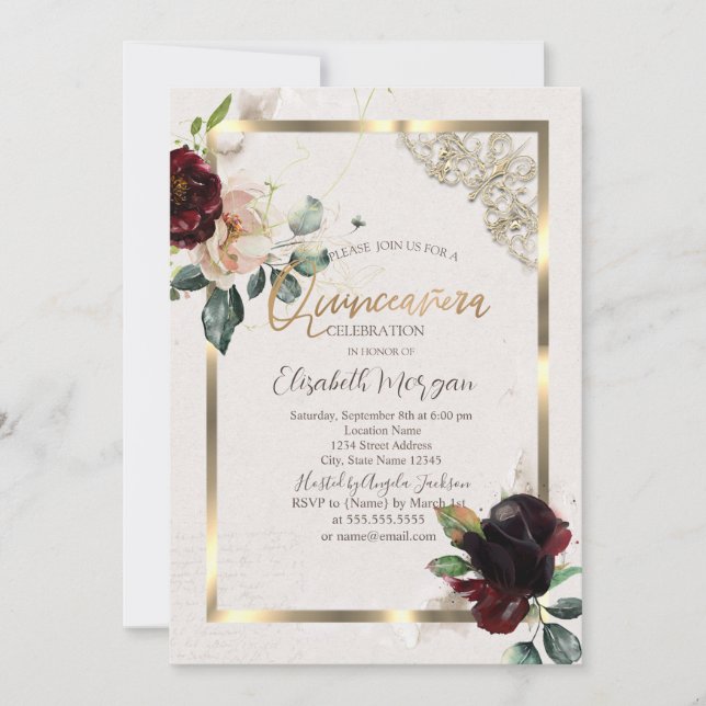 Chic Burgundy Blume Gold Frame Quinceañera Einladung (Vorderseite)