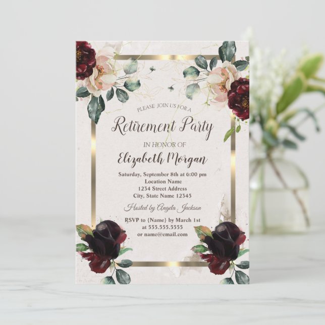Chic Burgundy Blume Gold Frame Retirement Party Einladung (Stehend Vorderseite)