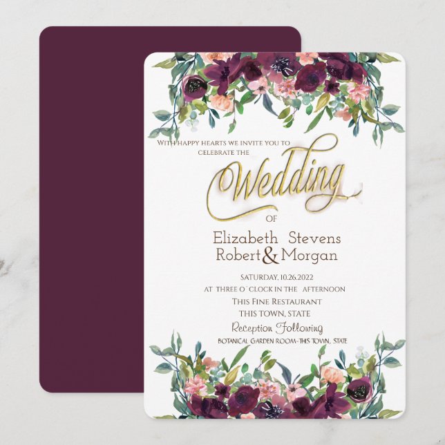 Chic Burgundy Blume Hochzeit Einladung (Vorne/Hinten)