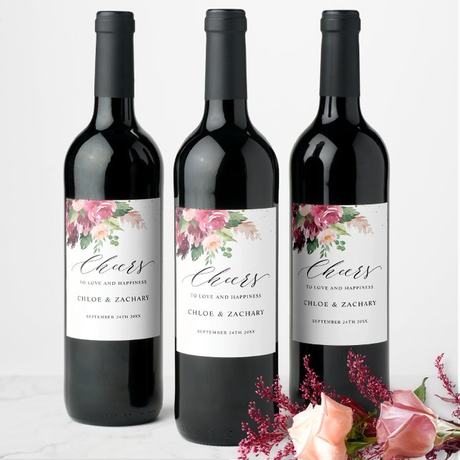 Chic Burgundy Blush and Pink Floral Cheers Wedding Weinetikett (Von Creator hochgeladen)