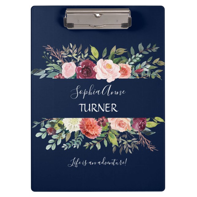 Chic Burgundy Blush Bloral Navy Blue Monogram Klemmbrett (Vorderseite)