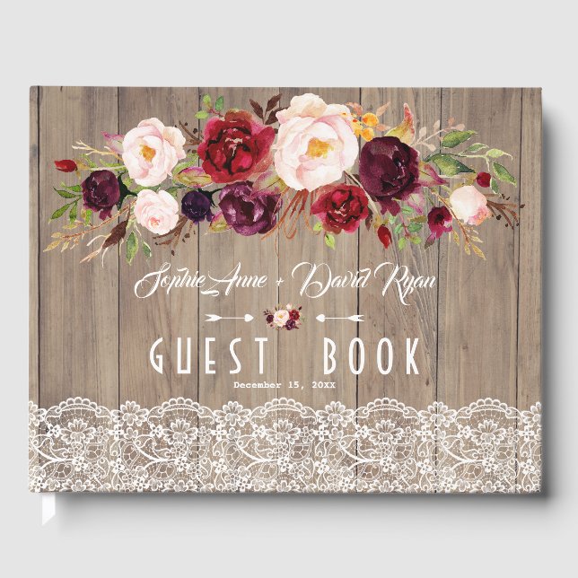 Chic Burgundy Blush Blume Lace Wood Wedding Gästebuch (Vorderseite)