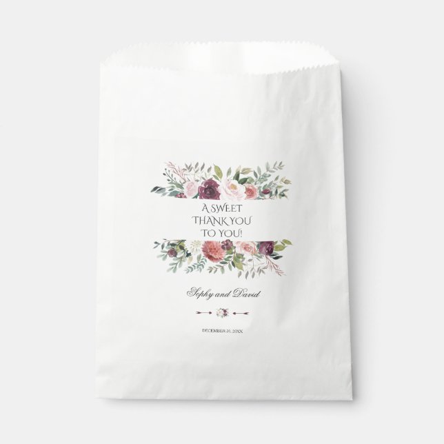 Chic Burgundy Blush Elfenbeinblume Hochzeit DANK Geschenktütchen (Vorderseite)