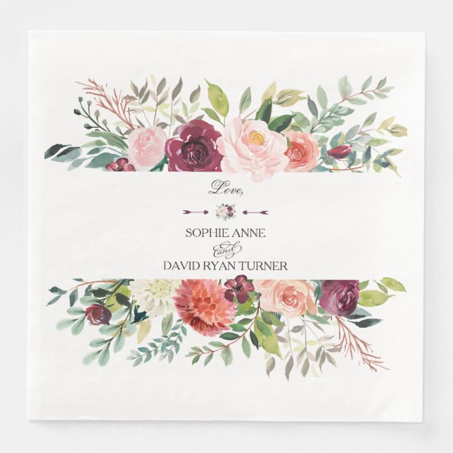 Chic Burgundy Blush Elfenbeinblumenzeremonie Serviette (Vorderseite)