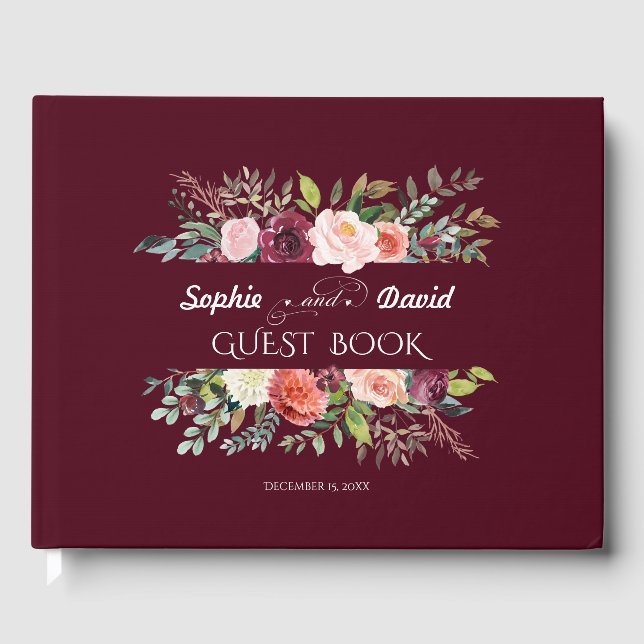 Chic Burgundy Blush Elfenbeinflorrahmen Hochzeit Gästebuch (Vorderseite)