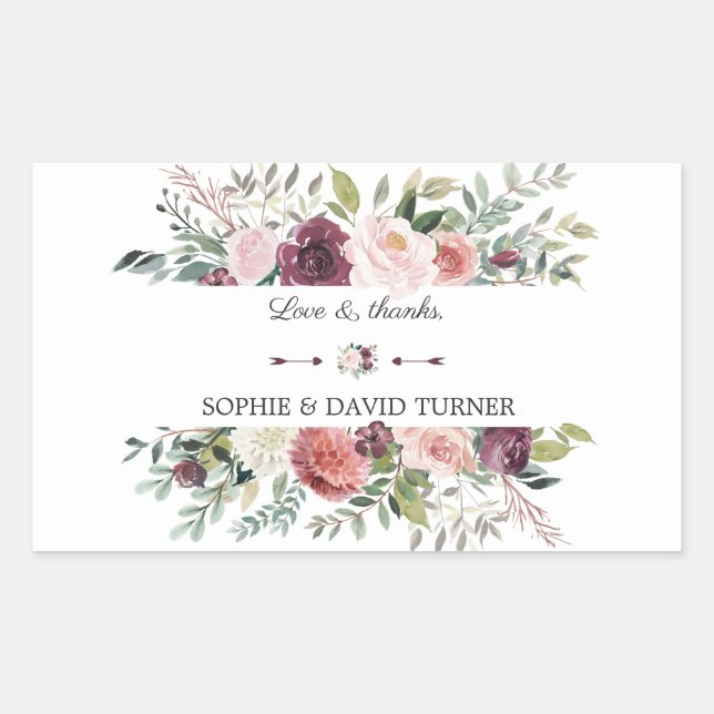 Chic Burgundy Blush Elfenbeinflorrahmen Hochzeit Rechteckiger Aufkleber (Vorderseite)