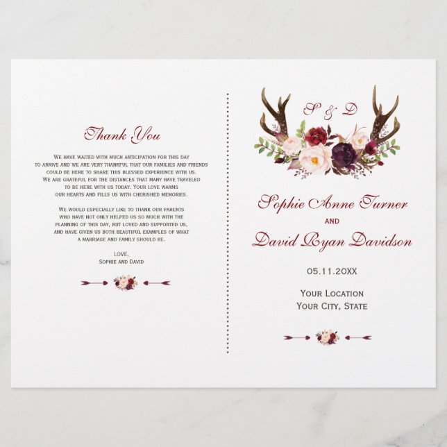 Chic Burgundy Blush Floral Antlers Programme de ma (Devant)