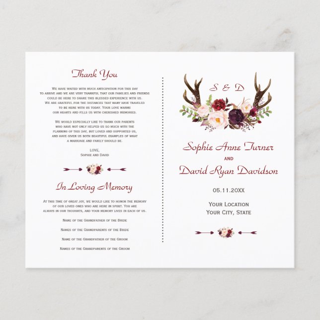 Chic Burgundy Blush Floral Antlers Wedding Program Flyer (Vorne)