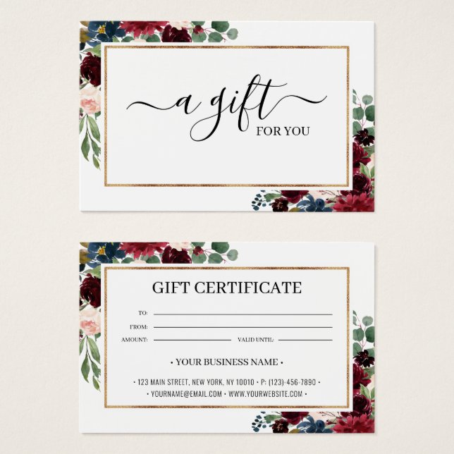 Chic Burgundy Blush Floral Carte de certificat cad (Devant & derrière)