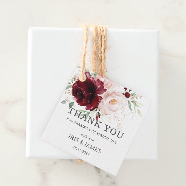 Chic Burgundy Blush Floral Wedding Vielen Dank Geschenkanhänger (Beispiel)