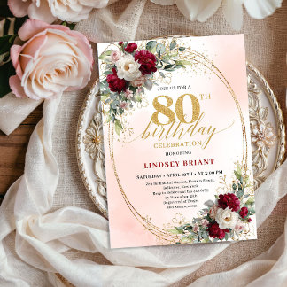 Chic Burgundy Blush Flowers 80th Birthday Invite Einladung