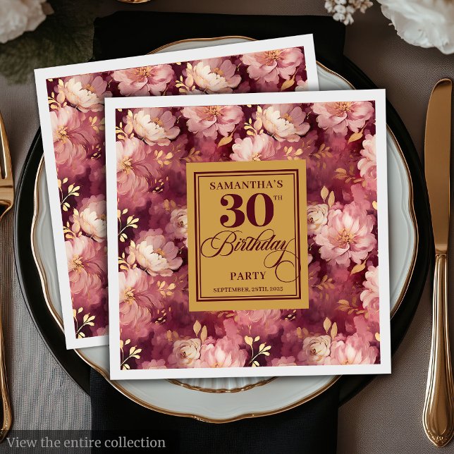 Chic Burgundy Blush Gold Wasserfarbe 30. Geburtsta Serviette (Chic Burgundy Blush Gold Watercolor 30th Birthday Napkins)