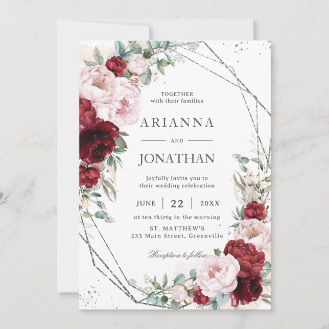 Chic Burgundy Blush Peonies Bloral Silver Wedding Einladung (Vorderseite)