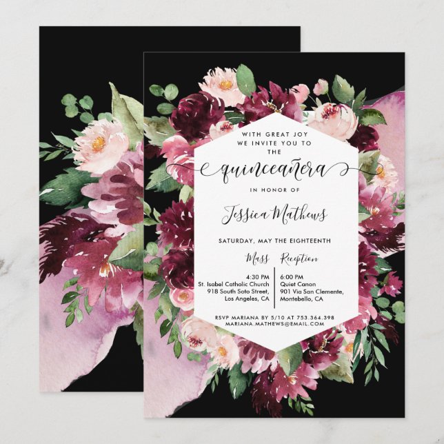 Chic Burgundy Blush Pink Black Quinceanera Bloral Einladung (Vorne/Hinten)