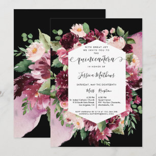 Chic Burgundy Blush Pink Black Quinceanera Bloral Einladung