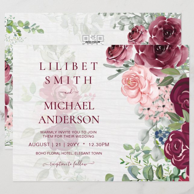 Chic Burgundy Blush Pink Blumengrün Hochzeit (Vorne/Hinten)