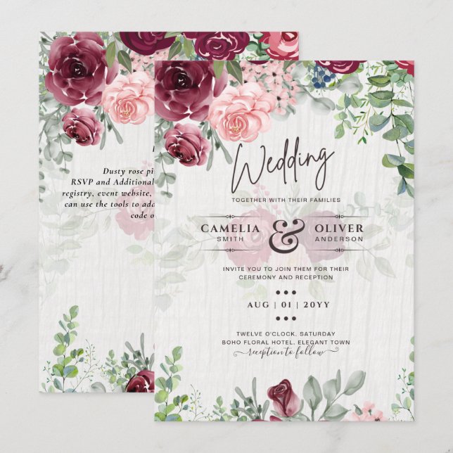 Chic Burgundy Blush Pink Blumengrün Hochzeit Einladung (Vorne/Hinten)