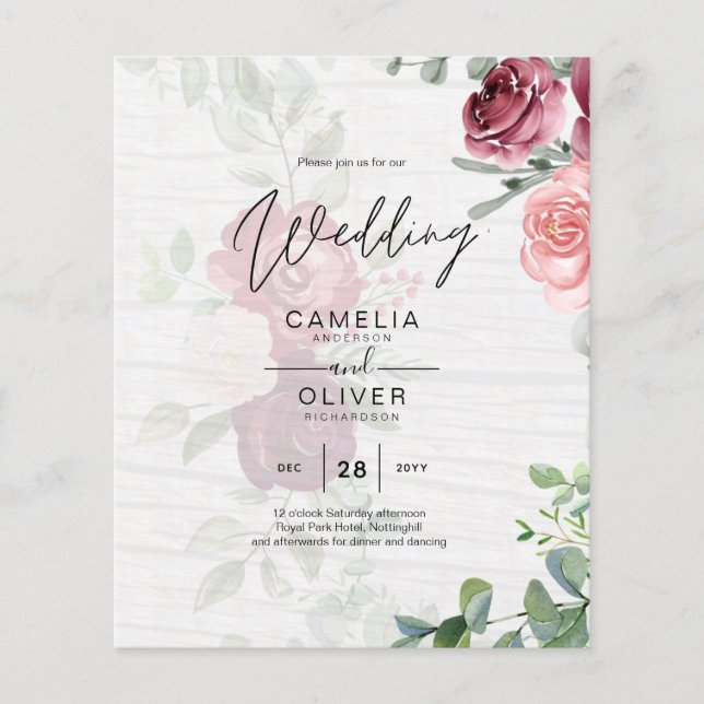 Chic Burgundy Blush Pink Blumengrün Hochzeit Flyer (Vorne)