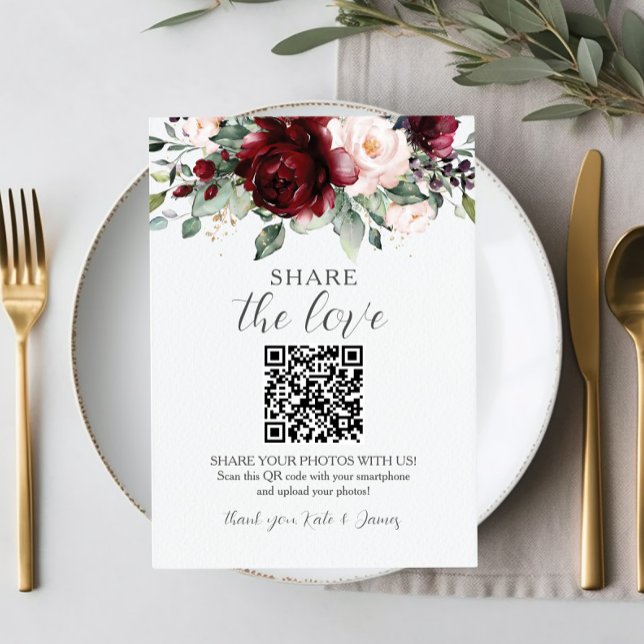 Chic Burgundy Blush Pink Floral QR Share Fotos Dankeskarte (Von Creator hochgeladen)