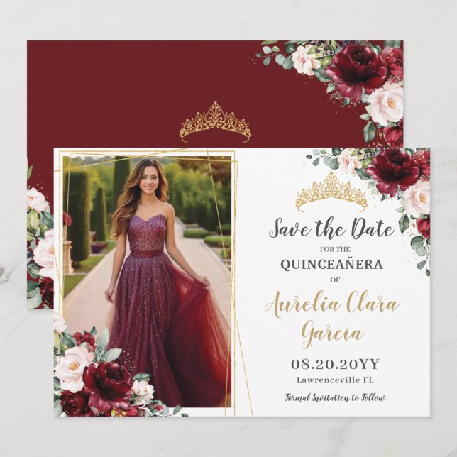 Chic Burgundy Blush Pink Floral Quinceanera Photo Save The Date (Vorne/Hinten)