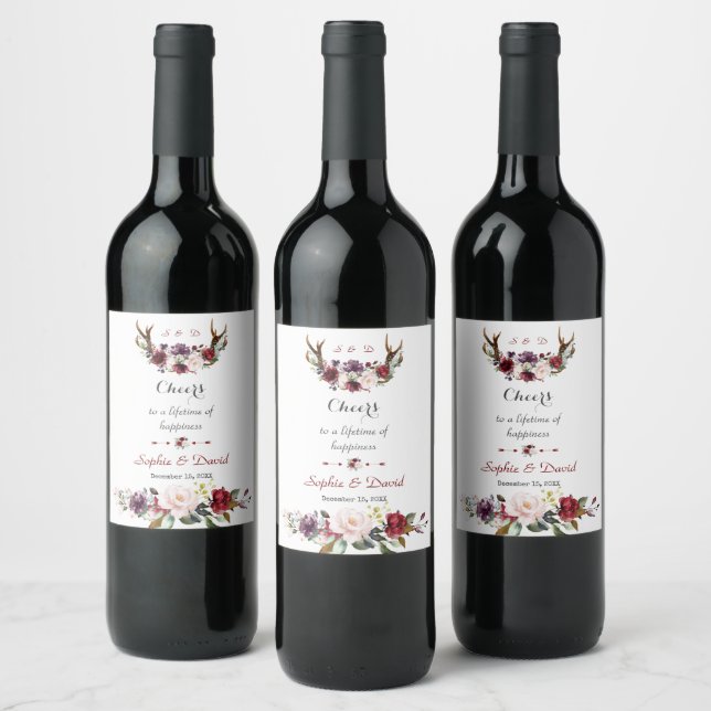 Chic Burgundy Blush Plum Floral Antlers Wedding Weinetikett (Flaschen)