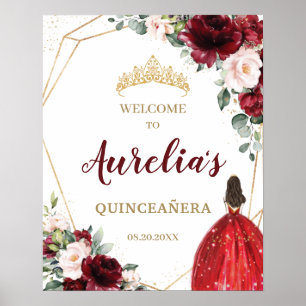 Chic Burgundy Blush Red Floral Quinceañera Willkom Poster