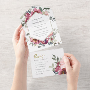 CHIC BURGUNDY BLUSH ROSE FLORAL WATERCOLOR WEDD ALL IN ONE EINLADUNG