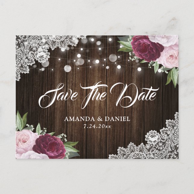 Chic Burgundy Blush Save the Date Postkarten (Vorderseite)