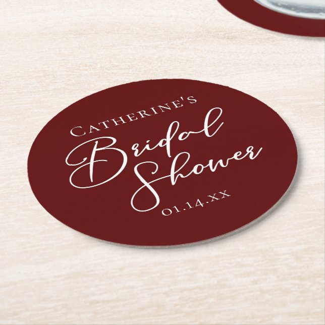 Chic Burgundy Brautparty Personalisiert Runder Pappuntersetzer (Angewinkelt)