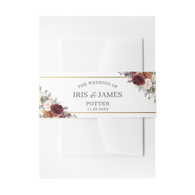 Chic Burgundy Burnt Orange Blumengrün Hochzeit Einladungsbanderole (Vorderseite Beispiel)