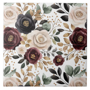 Chic Burgundy Cream Floral Fliese
