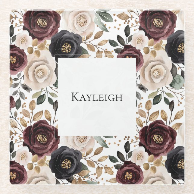 Chic Burgundy Cream Floral Glasuntersetzer (Vorderseite)
