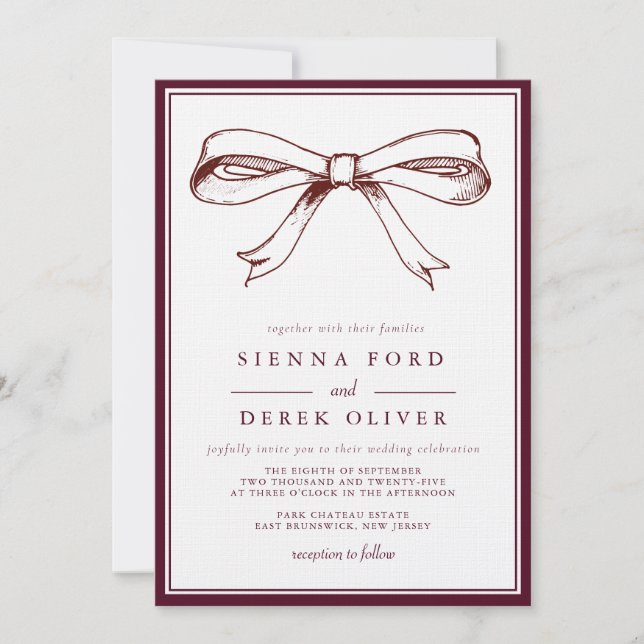 Chic Burgundy Elegant Hand Drawn Bow Wedding Einladung (Vorderseite)