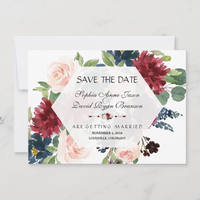 Chic Burgundy Floral Hexagon Frame Save The Date (Devant)