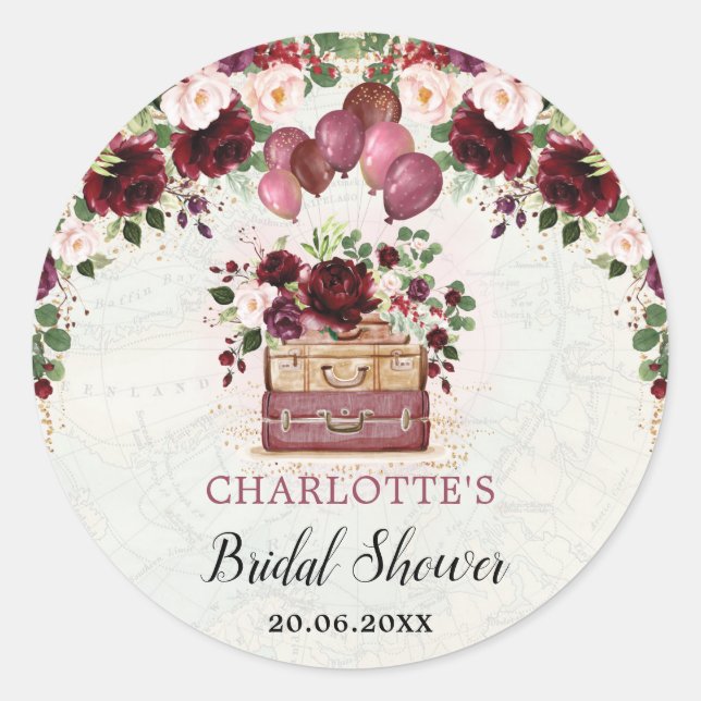 Chic Burgundy Floral Travel Brautparty Favoriten Runder Aufkleber (Vorderseite)