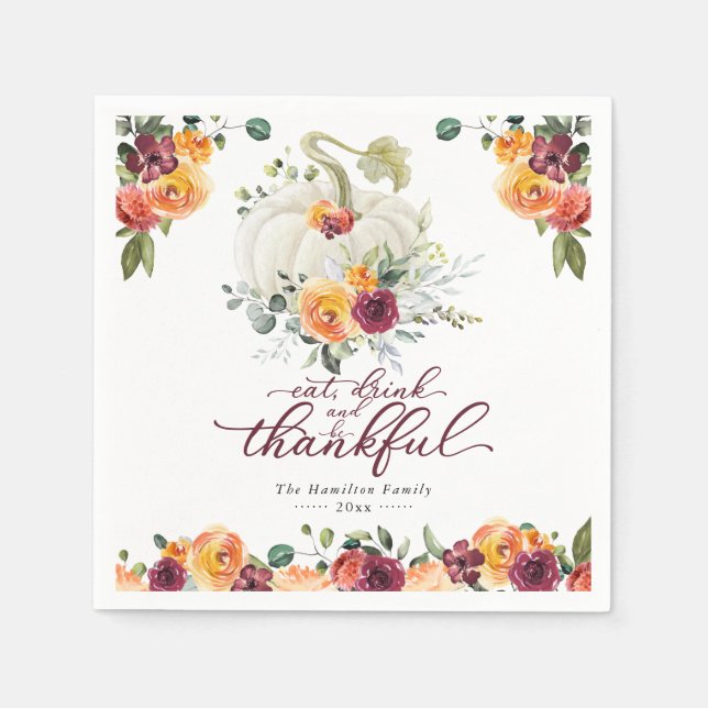Chic Burgundy Floral White Pumpkin Erntedank Serviette (Vorderseite)