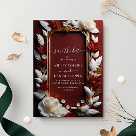 Chic Burgundy Florals Golden Frame Save the Date Einladung