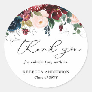 Chic Burgundy Florals Script Danke Abschluss Runder Aufkleber